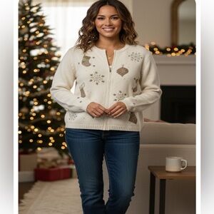 Croft & Barrow Cream Cardigan with Holiday Accents Ugly Christmas- Vintage
